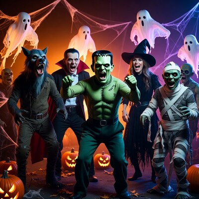 Halloween Monsters Group Posing with Pumpkins