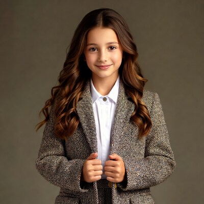 Girl in tweed blazer smiling