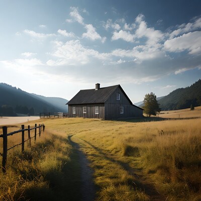 Wooden cabin in mountain meadow