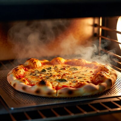 Pizza baking in oven