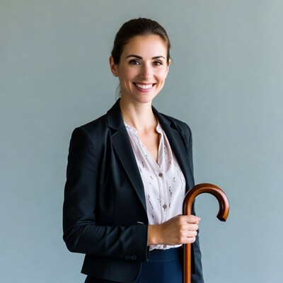 Smiling woman holding wooden cane