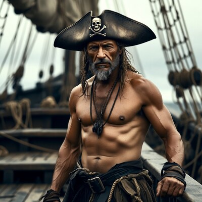Muscular pirate man on ship deck