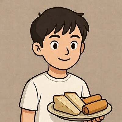 Asian boy holding sandwich and sausages