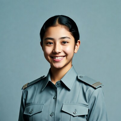 Asian girl in teal military uniform