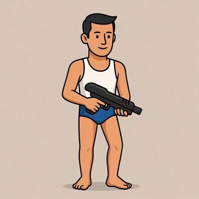 Man holding water gun in underwear