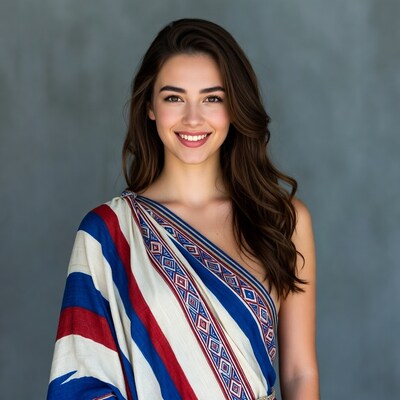 Smiling woman in red white blue shawl