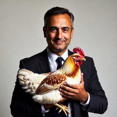 Man holding chicken in suit