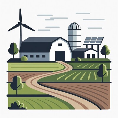 Farm with wind turbine and solar panels