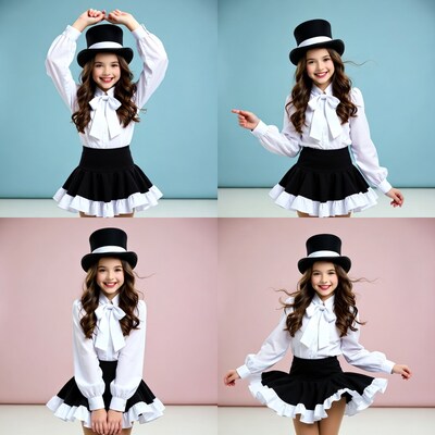 Girl in black white top hat outfit