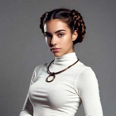 Woman with braided buns and necklace