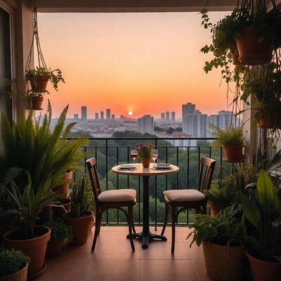 Balcony table with sunset city view