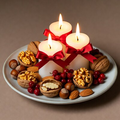 Three lit candles with nuts and berries