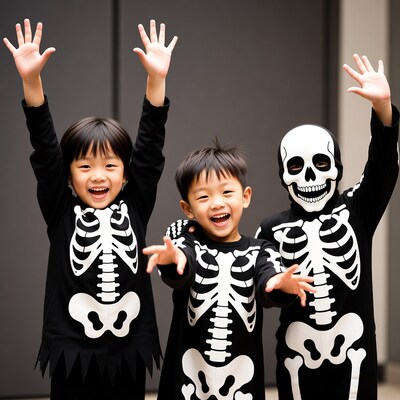 Asian kids in skeleton costumes raising hands