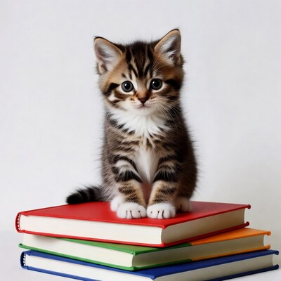 Kitten sitting on stack of books