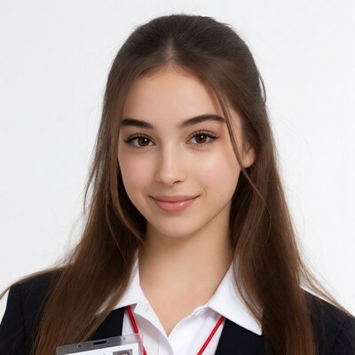 Girl in school uniform with ID badge