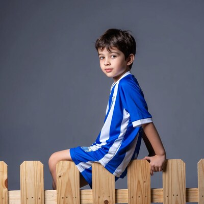 Boy in blue soccer uniform on fence