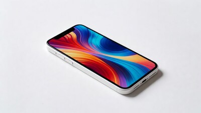 White iPhone with colorful abstract wallpaper