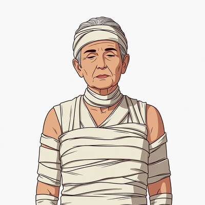 Elderly Asian woman in mummy bandages