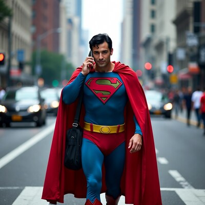 Superman talking on phone in city street