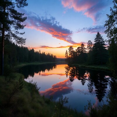 Sunset over pine forest lake