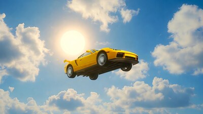 Yellow sports car flying in sky
