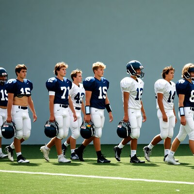 Group of young football players holding helmets