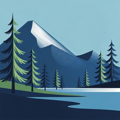 Mountains with Pine Trees and Lake