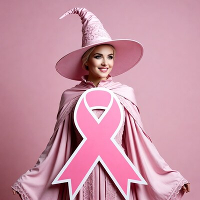 Blonde woman in pink witch costume holding breast cancer ribbon