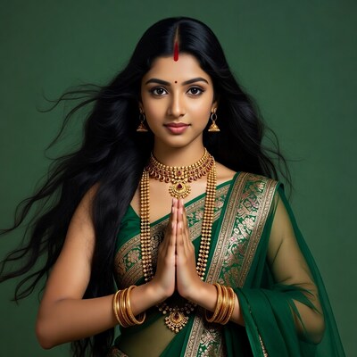 Indian woman in green saree with namaste