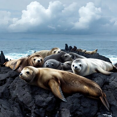Group of seals on rocky ocean shore