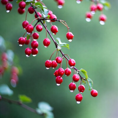 Red Berries with Dewdrops on Branch