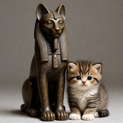 Kitten Beside Egyptian Bastet Statue