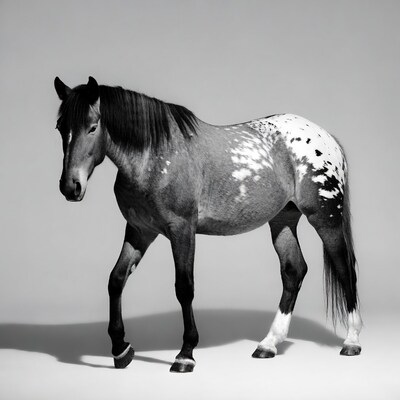 Appaloosa horse walking on gray background