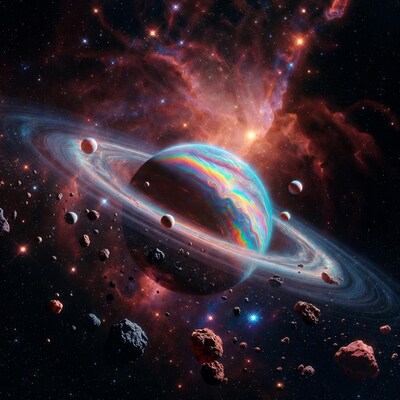 Rainbow Ringed Planet in Nebula