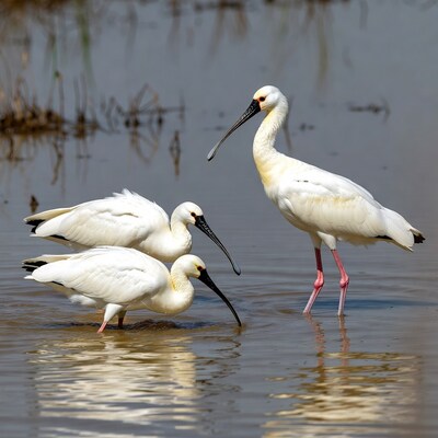 Group of white ibises foraging in water