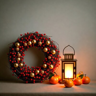 Red berry Christmas wreath with lantern and oranges