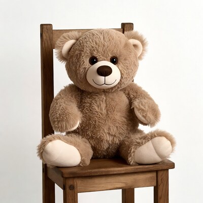 Brown teddy bear sitting on wooden chair