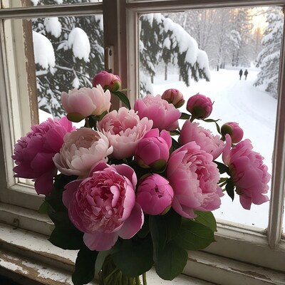 Pink peonies by snowy window