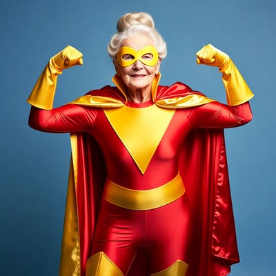 Elderly woman in red superhero costume