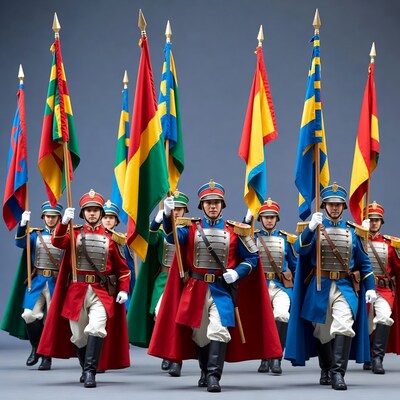 Color guard men marching with flags