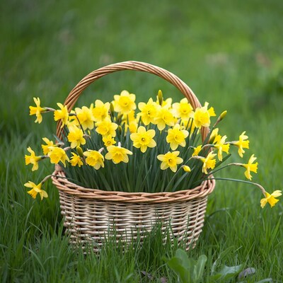 Basket of yellow daffodils on grass