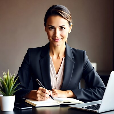 Businesswoman writing in notebook at desk