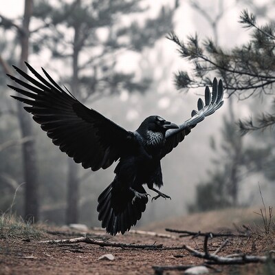 Raven flying in misty pine forest