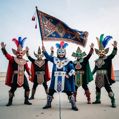Men in colorful tribal masks holding flag