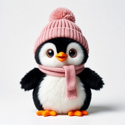 Cute penguin in pink hat scarf