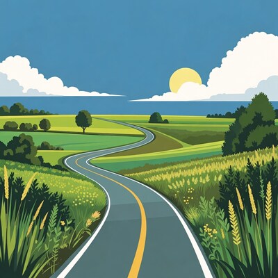 Winding road through green fields