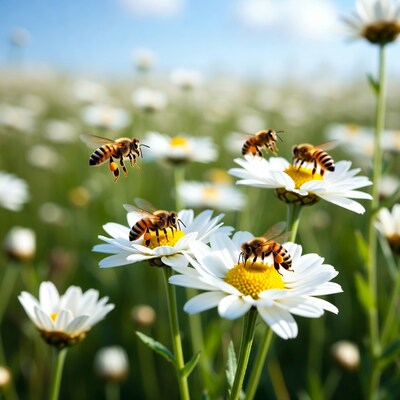 Bees pollinating white daisies in field
