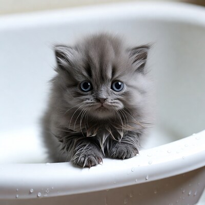 Wet gray kitten in bathtub