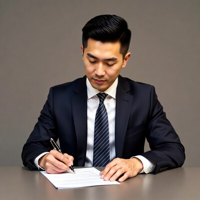 Asian man signing document in suit