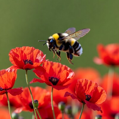 Bumblebee flying over red poppies
